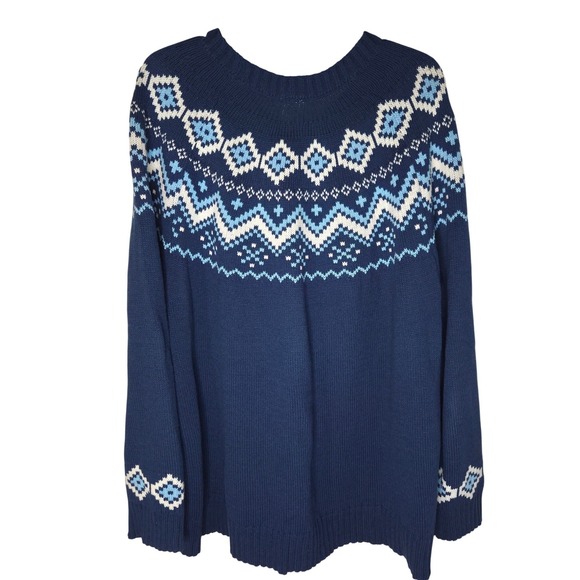 Blair Womens 2XL Navy Blue Fair Isle Knit Pullover Sweater Geometric Crew Neck - Picture 4 of 4